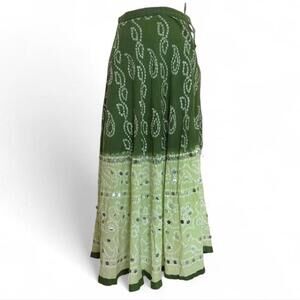 Green peasant maxi skirt with paisley design and sequins